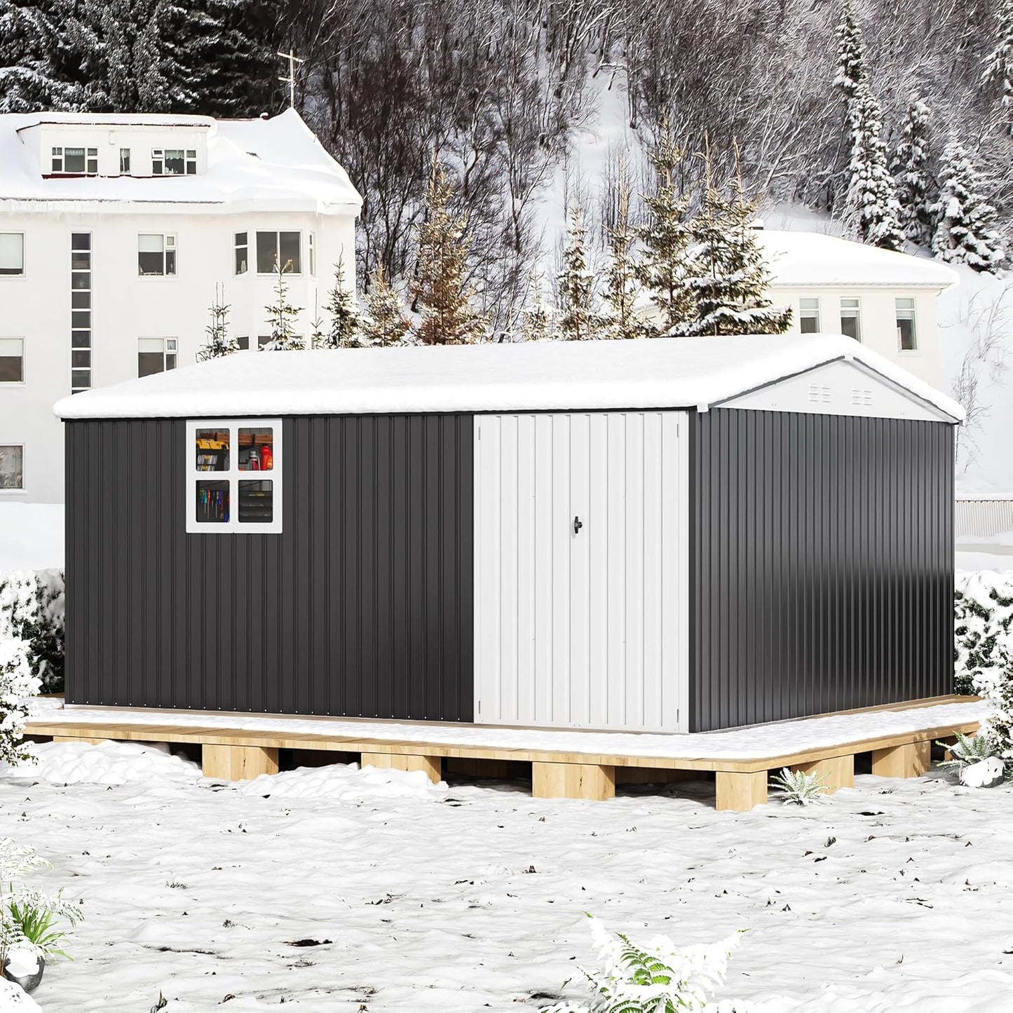 Polar Aurora 12X14 FT Outdoor Storage Shed with Windows, Metal Garden Shed with Updated Lockable Doors and Frame Structure, Large Tool Sheds for Backyard Garden Patio Lawn,Black