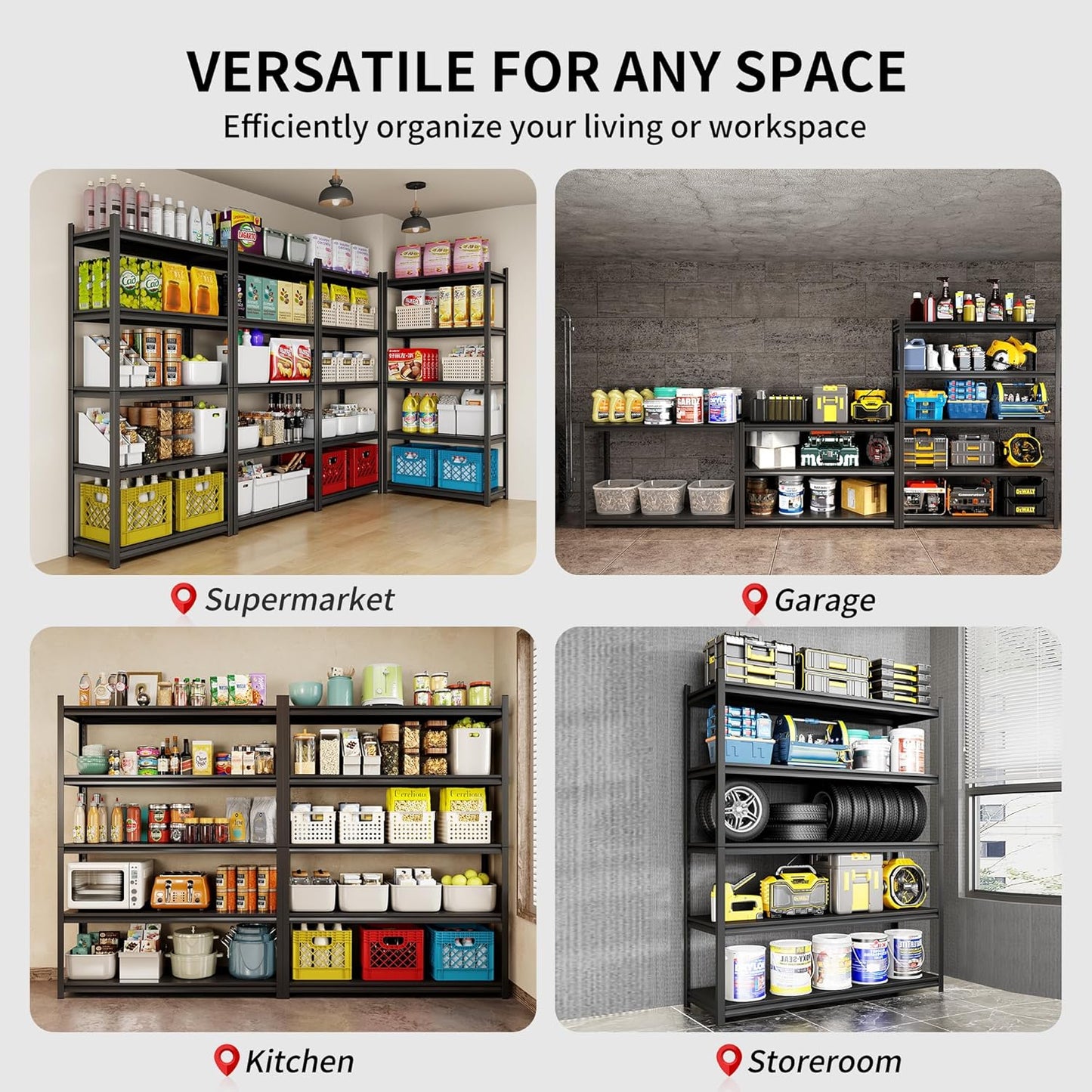 Metal Garage Shelving, Adjustable 5-Tier Heavy Duty Shelving, 3000 LBS Garage Shelving Unit and Storage，Heavy Duty Shelves for Basement,Warehouse，Kitchen (19.7" D*47.2" W*72" H)