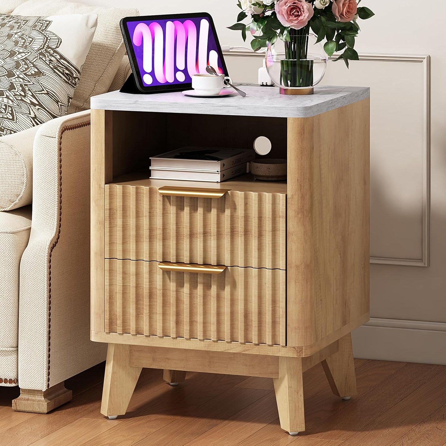 AMERLIFE Fluted Nightstand with Charging Station and Faux Marble Top, 18" Modern Bedside Table with 2 Drawers and Metal Handle, Side Table for Bedroom, Living Room, Natural Oak