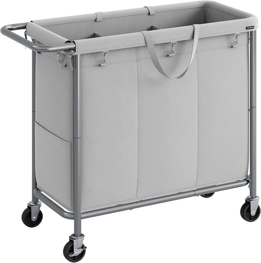 SONGMICS Laundry Basket with Wheels, 3-Section Rolling Laundry Hamper, 52.8 Gallons (200 L), Removable Liner, Steel Frame with Handle, 35.8 x 15.4 x 31.9 Inches, Dove Gray URLS005G01