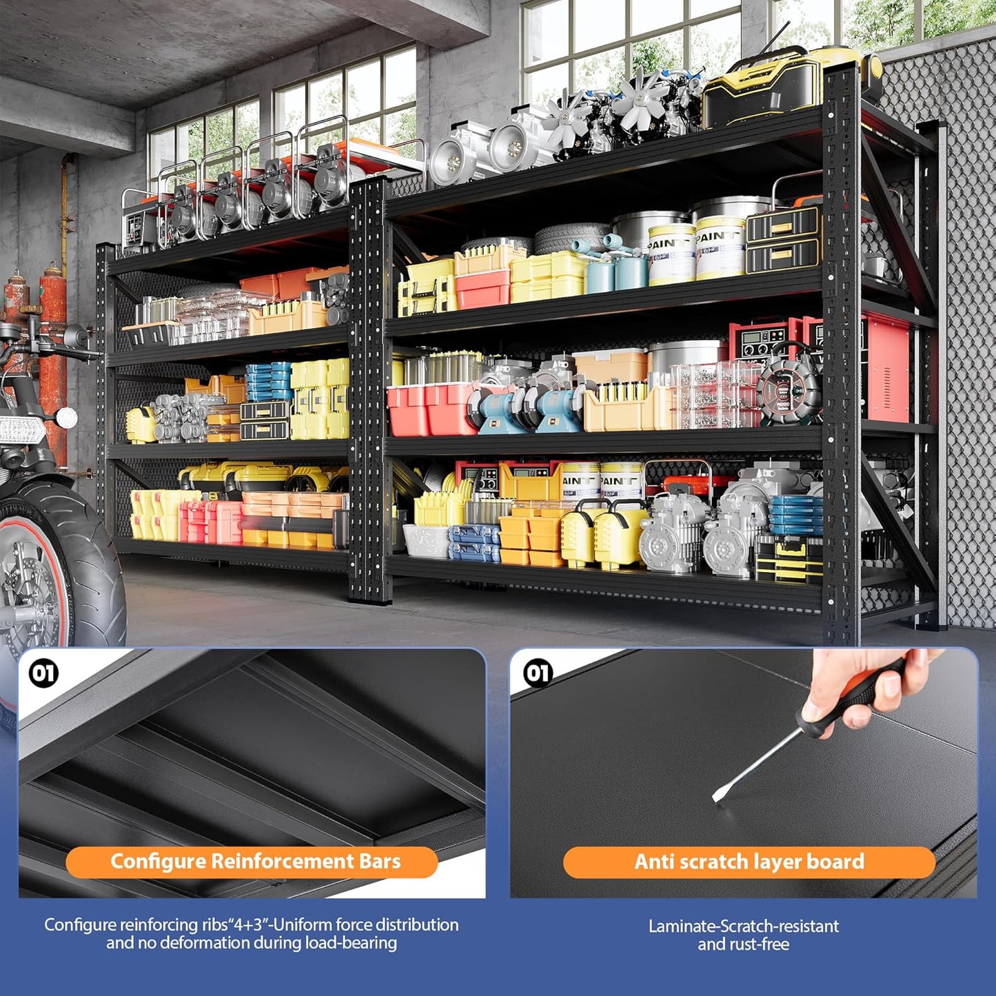 5000LBS Storage Shelves, 71" W Heavy Duty Garage Shelving Unit, Adjustable Industrial Shelving, 4 Tier Metal Shelving for Garage, Supermarket, Warehouse, 71" W x 24" D x 70" H