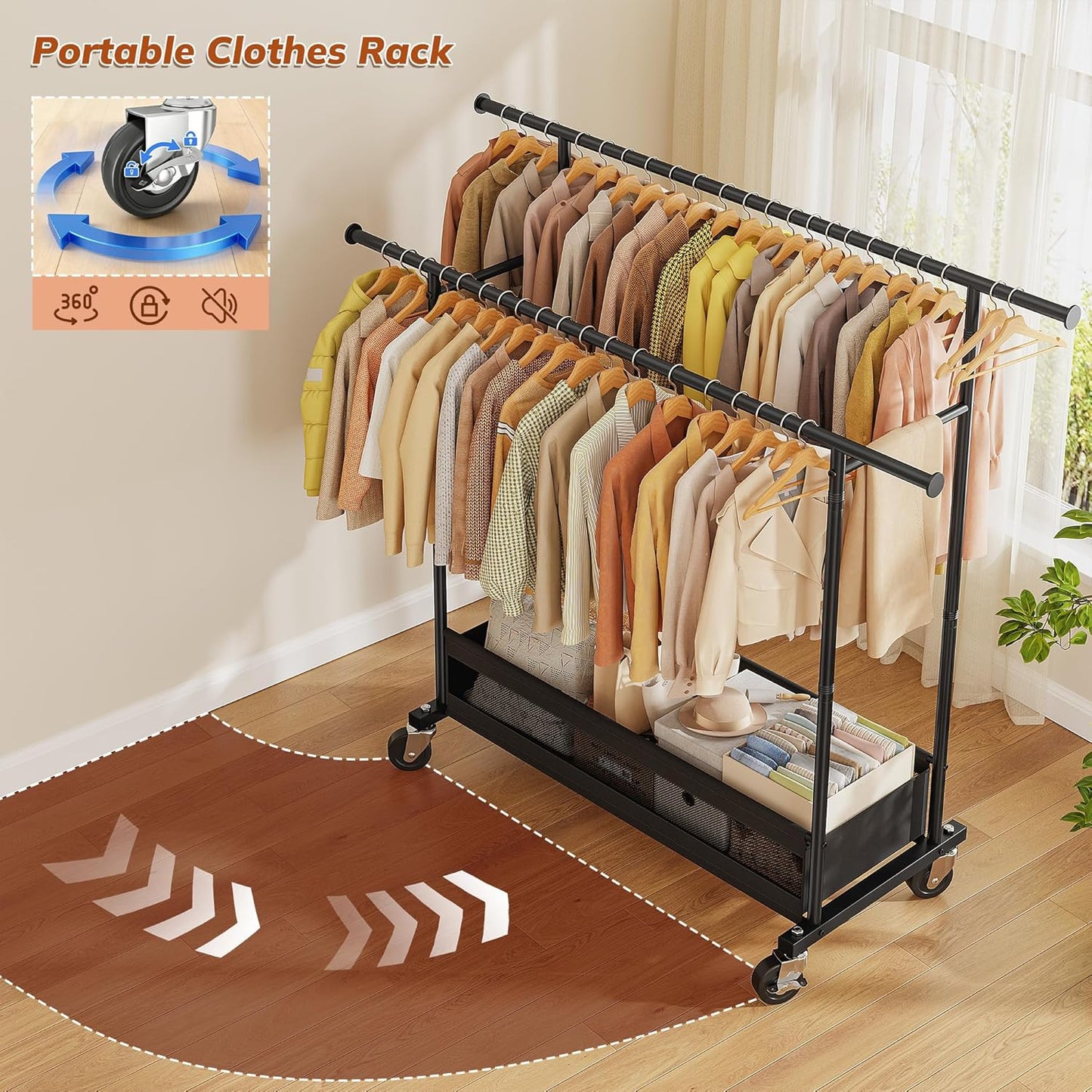 Clothes Rack, Double Rod Clothing Rack with Storage Bag & Sturdy Wheels, Metal Garment Rack for Closet Organizers and Storage, 43.3" W×17.7" D×63" H