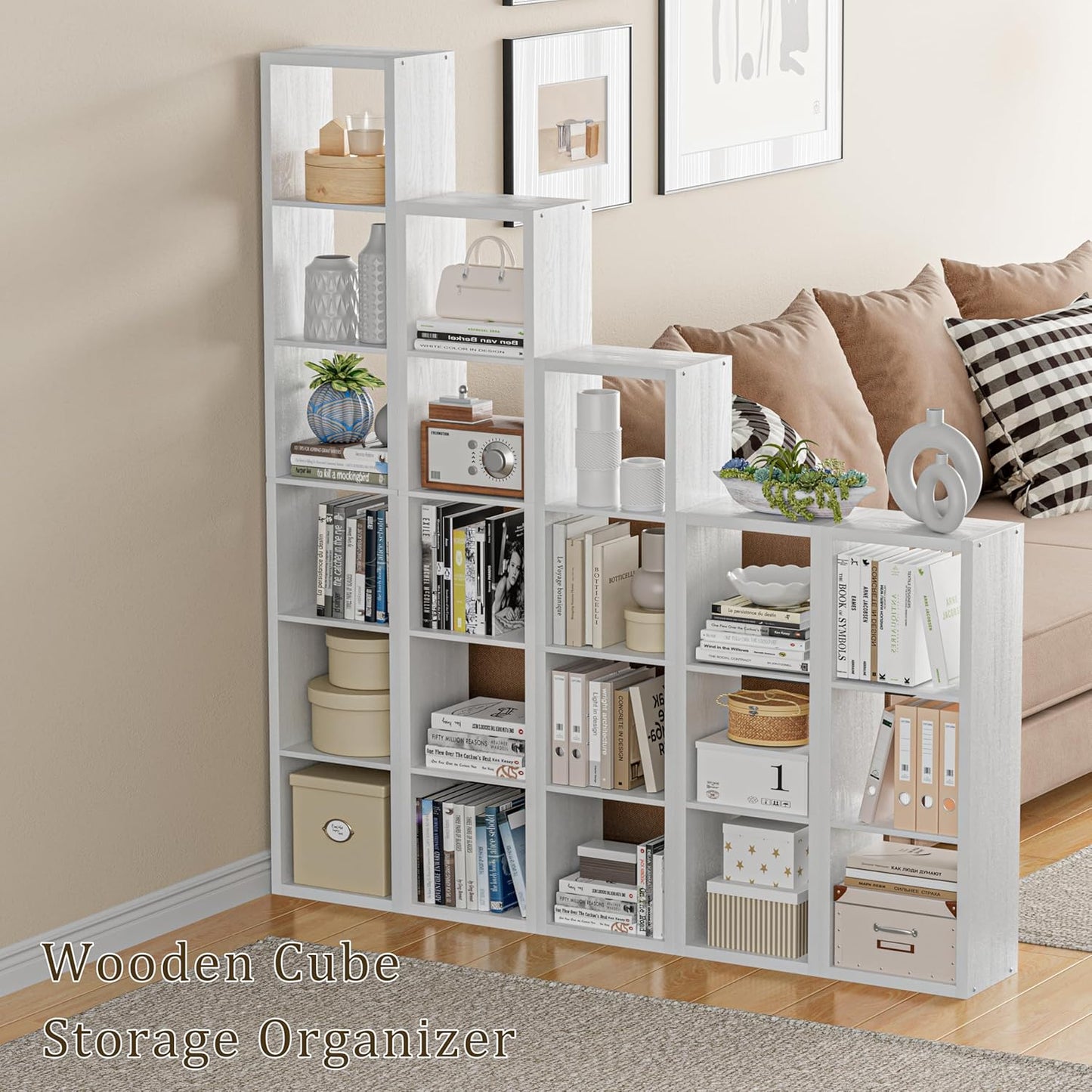 Cube Storage Organizer Bookcase, Small 4 Tier 11 inch Open Back Cubical Shelf with Thickened Border, Display Bookshelf for Living Room, Home Office, Sturdy Room (White, 4 Cube,Vertical)