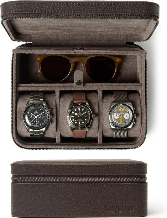 TAWBURY 3 Watch Case with Storage Compartment – Top-Grain Leather Watch Travel Case for Men | Leather Watch Roll Travel Case | Travel Watch Cases for Men | Travel Watch Box for Men Leather
