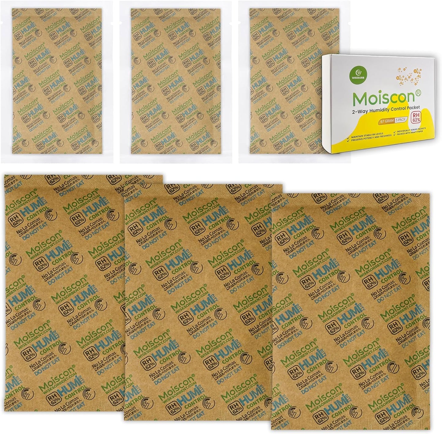 Size 67 62% Two-Way Humidity Control Packs for Storing 1 lb, 67 Gram 50 Pack Moisture Control Packets Individually Wrapped, Humidifier Packs for Storage Containers