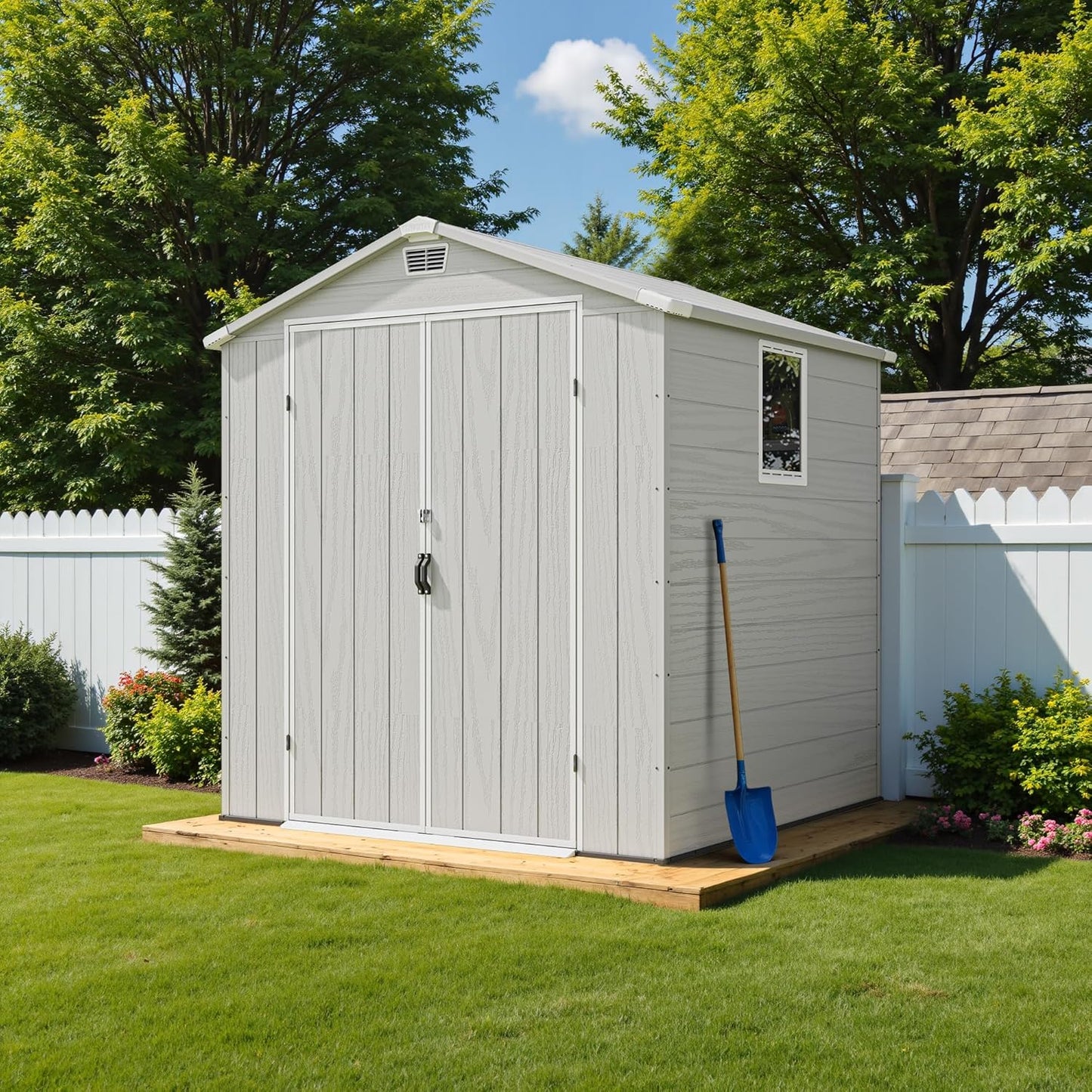 Greesum 6x6FT Plastic Outdoor Storage Shed with Floor, Resin Sheds with Lockable Double Door, All-Weather Tool Sheds with Window and Vents, for Garden, Backyard, Patio, Light Gray