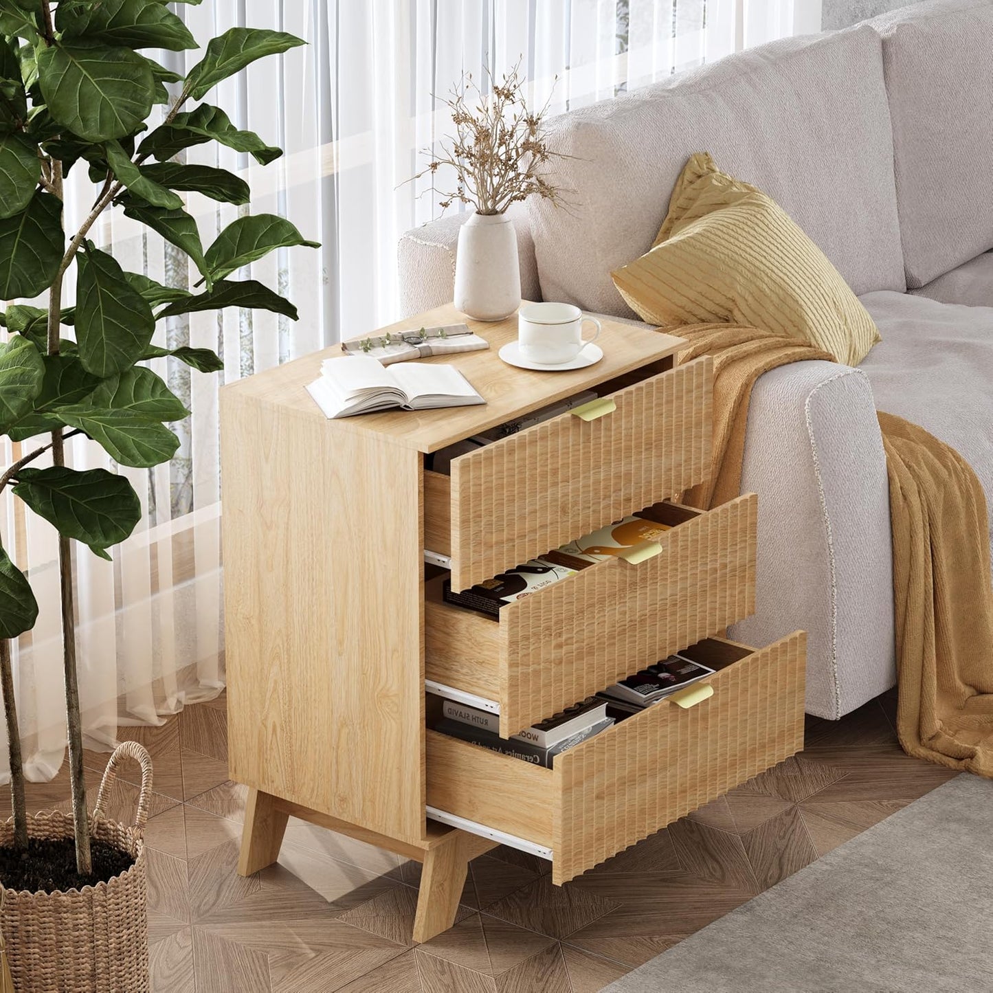 Night Stand Set 2, Bedside Table & End Table, Mid Century Modern Fluted Wood Nightstand with 3 Drawers & Metal Handles, Farmhouse Nightstand for Bedroom, Natural Oak
