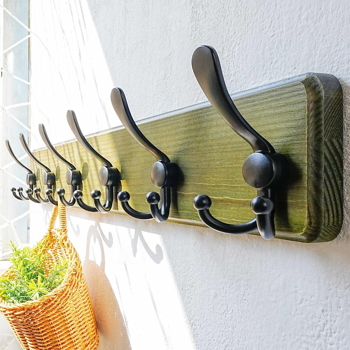 Dseap Coat Rack Wall Mounted - 24" Long 6 Tri Hooks, Heavy Duty Wooden Wall Coat Hanger Coat Hook for Clothes Hat Jacket Clothing, Weathered Green and Black, Pack of 2