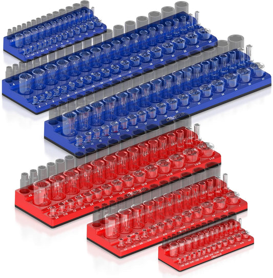 Olsa Tools Magnetic Socket Organizer | 6pc Socket Holder Kit | 1/2-Inch, 3/8-Inch, & 1/4-Inch Drive | Socket Organizers For Toolboxes | Blue | Holds 273 | Professional-Grade Tool Organizer | Part 1669