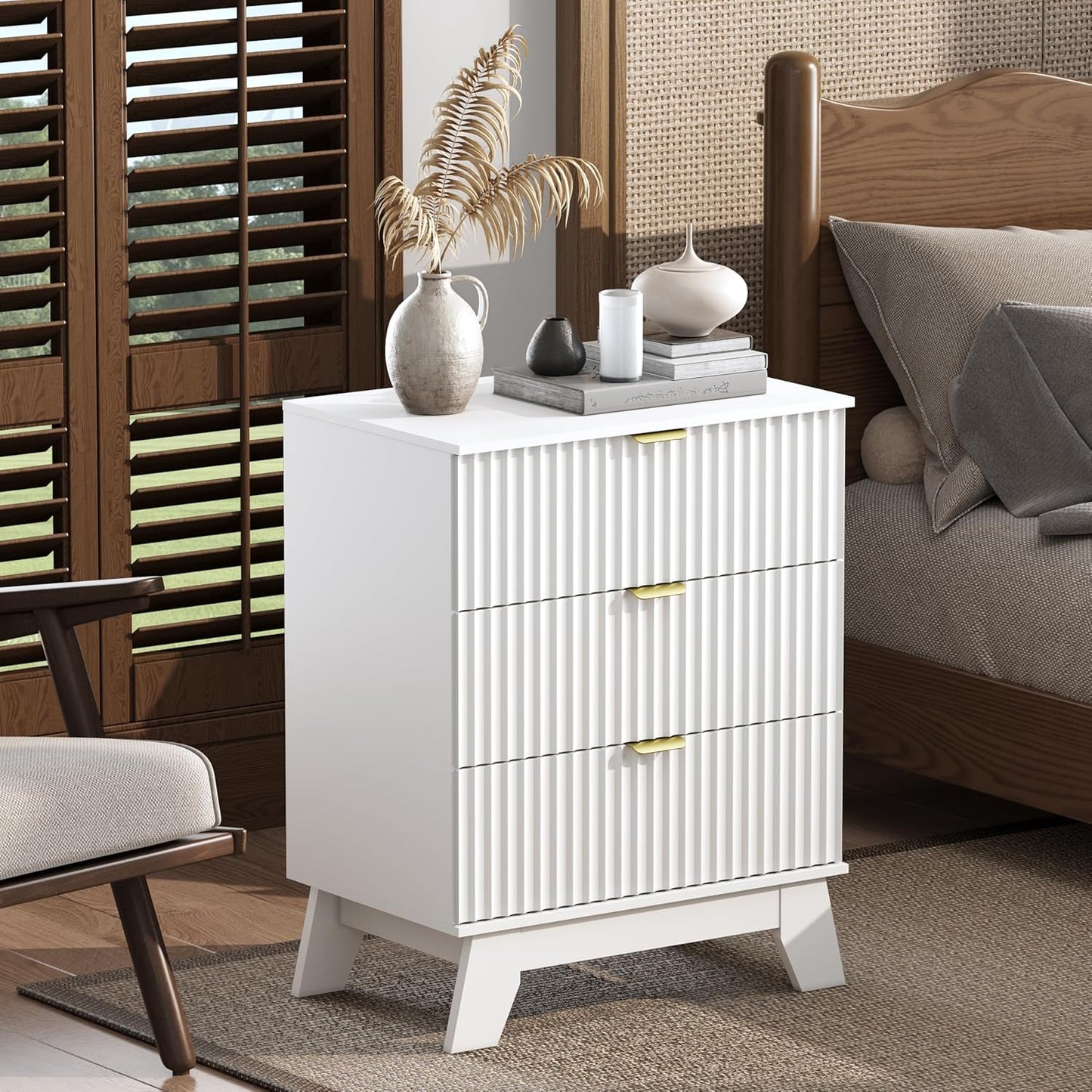 White Night Stand with 3 Drawers, Bedside Table & End Table, 24" Wide Mid Century Modern Fluted Wood Nightstand with Metal Handles, Farmhouse Night Stands for Bedroom