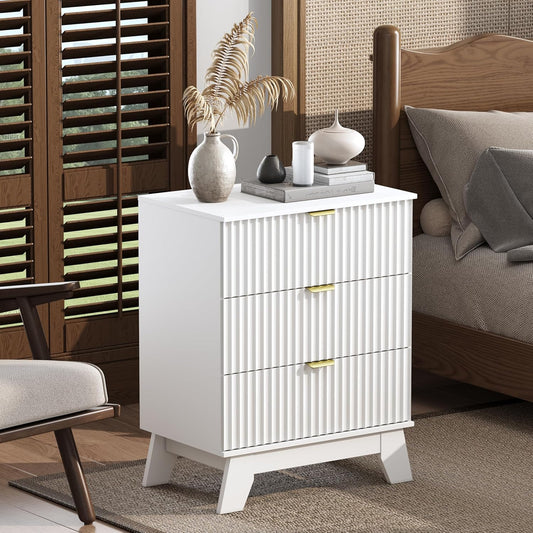 White Night Stand with 3 Drawers, Bedside Table & End Table, 24" Wide Mid Century Modern Fluted Wood Nightstand with Metal Handles, Farmhouse Night Stands for Bedroom