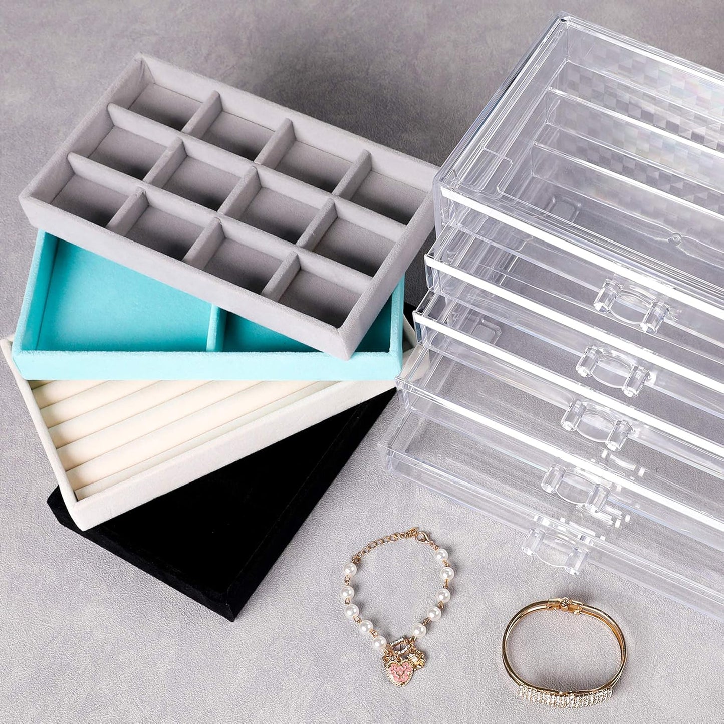 Frebeauty Extra Large Acrylic Jewelry Box for Women 5 Layers Clear Jewelry Organizer Velvet Earring Box with 5 Drawers Rings Display Case Necklaces Holder Tray for Women Girls(Blackish Green)