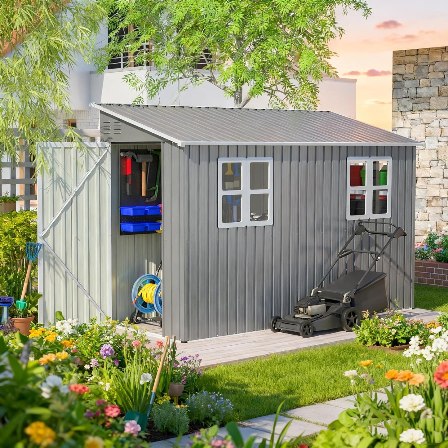 4x10 FT Outdoor Storage Shed, Metal Shed, Lockable Door, Sloping Roof, All-Weather Lean to Resin Shed for Garden, Backyard, Patio, Lawn (Gray)