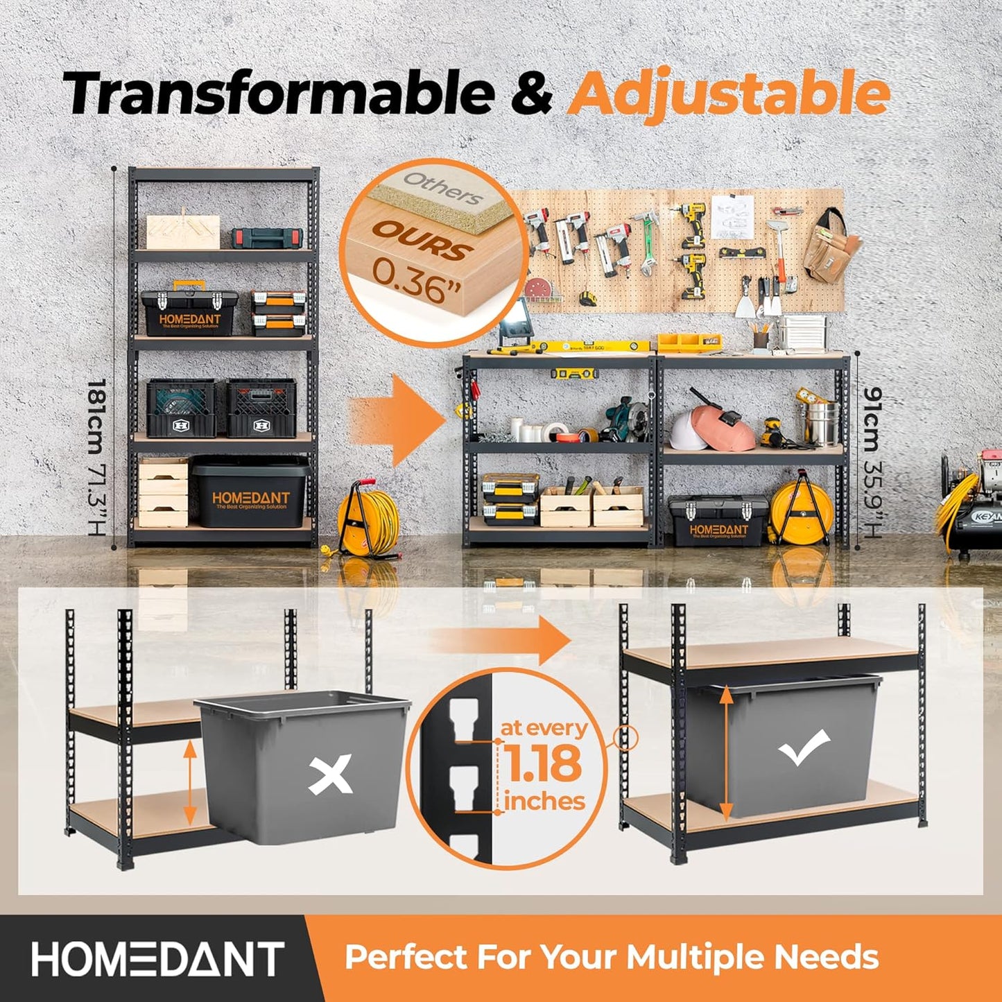 HOMEDANT 5 Tier Storage Shelves Adjustable Laminated Boltless Garage Metal Shelving Unit Heavy Duty Utility Rack Shelf Warehouse Pantry Closet Kitchen (10, (M) 35.9" W, Black)