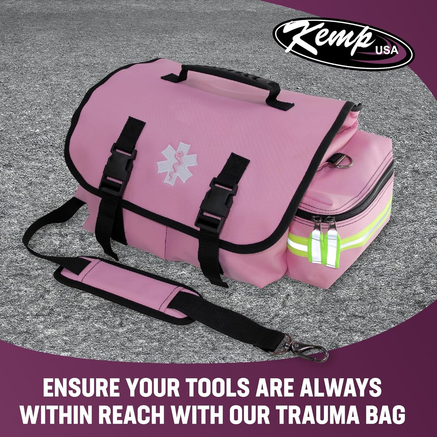 Kemp USA EMT First Responders Trauma Bag - First Aid Kit & Survival Gear with High Visibility Reflectors for Rapid First Aid & Medical Response Survival Tools Organizer - Pink