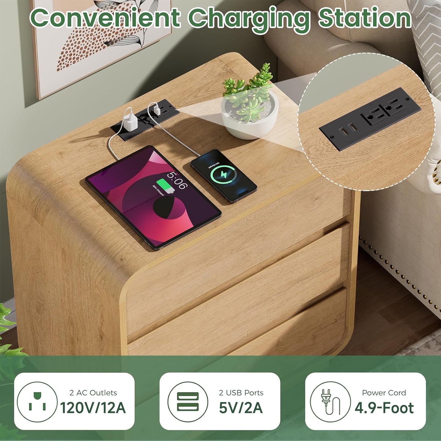 Natural Curved Nightstand Set of 2, 23.2" Large Wood Bedside Table with 3 Drawers, Charging Station, Modern Side Table, Mid-Century End Table Night Stand for Bedroom Sofa,