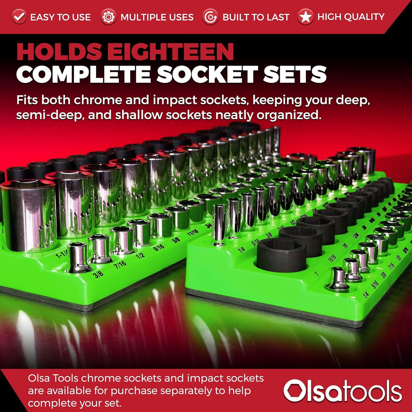 Olsa Tools Magnetic Socket Organizer | 6pc Socket Holder Kit | 1/2-Inch, 3/8-Inch, & 1/4-Inch Drive | Socket Organizers For Toolboxes | Green | Holds 273 | Professional-Grade Tool Organizer |Part 1668