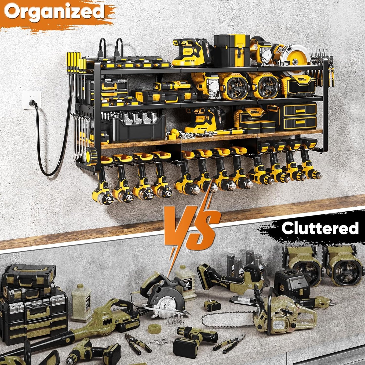 49.5" W Large Power Tool Organizer with Charging Station, 4 Layer Heavy Duty Utility Rack Loads 800lbs, Holds 8 Cordless Drills, Wall Mount Tool Shelf with 8-Outlet Power Strip, Gift for Men