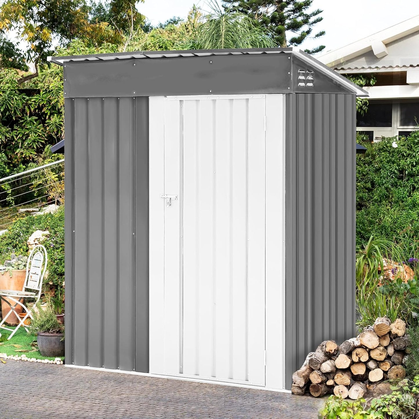 5x3 FT Outdoor Metal Storage Shed with Lockable Door, All-Weather Garden Tool Shed with Sloping Roof, Waterproof Steel Shed for Backyard, Patio, Lawn, Light Gray