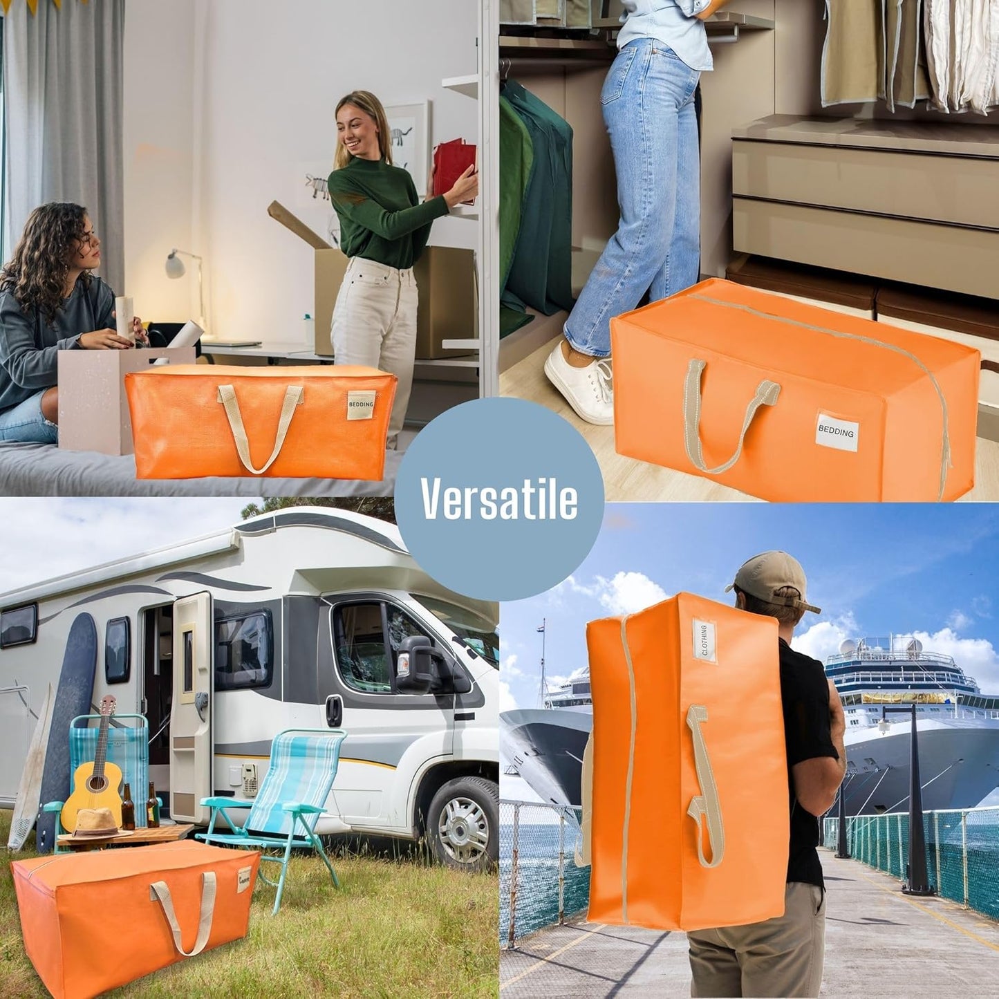 VENO 8 Pack Moving Bags w/Backpack Straps, Heavy Duty, Moving Boxes Alternative, Packing Supplies, Large Storage Totes for Dorm Room Essentials with Zipper (Seasonal Autumn Orange, 8 Pack)