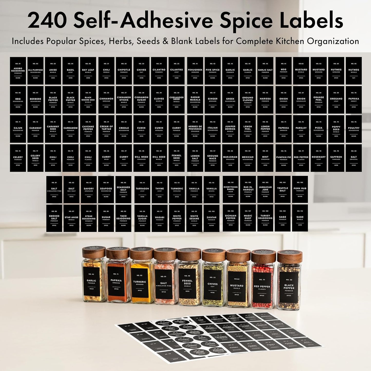 EDELHAUS® Square Spice Jars with Acacia Wooden Lid (Pack of 24) Spice Jars with Shaker Insert and 240 Labels - Acacia Lid Glass Container for Spice Organisation [4.3 in × 1.8 in]