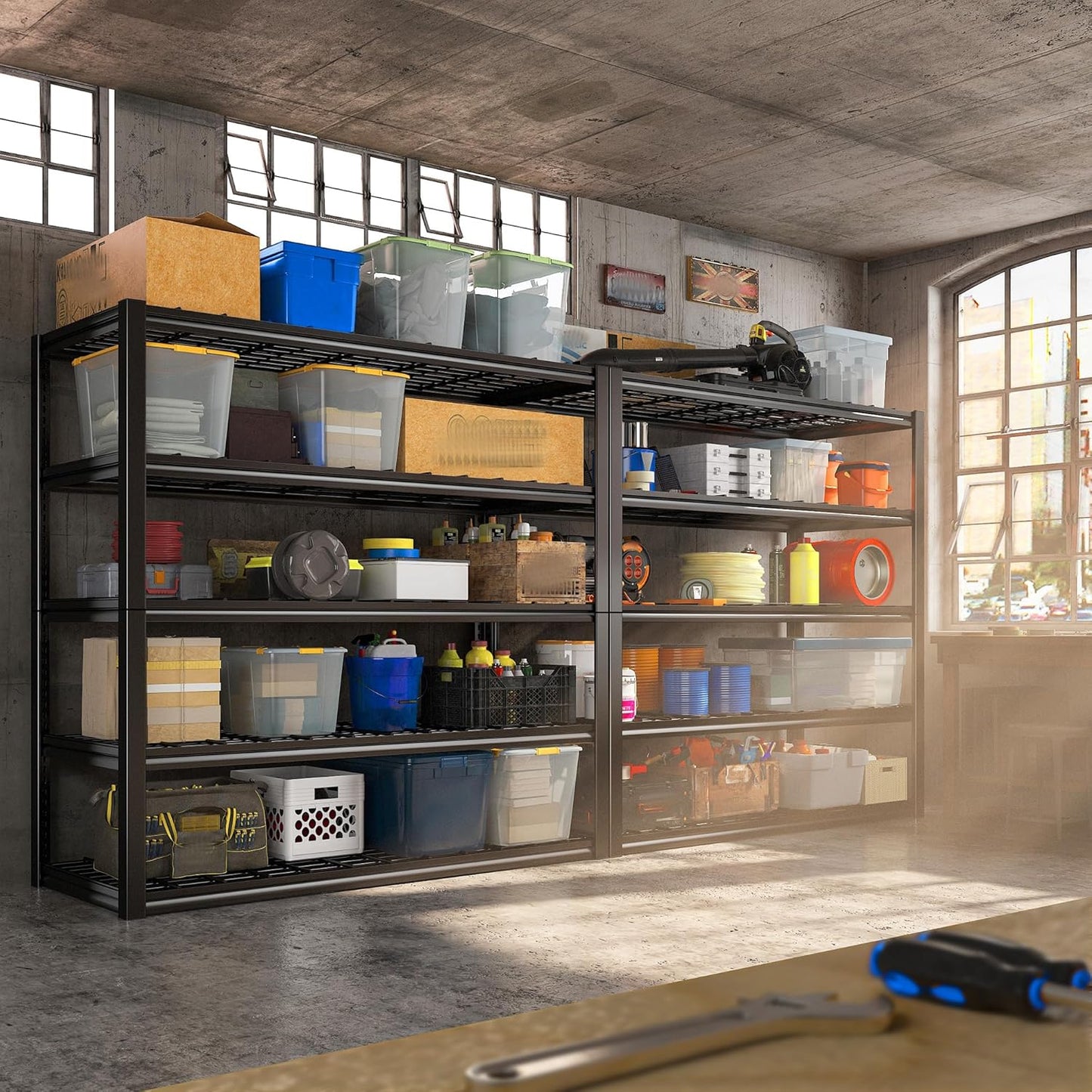 REIBII 48.2''W Garage Shelving Heavy Duty Metal Shelving 3000LBS Storage Shelves Adjustable Metal Shelves Industrial 5 Tier Garage Shelf for Basement Pantry Warehouse Supermarket, 2 Pack