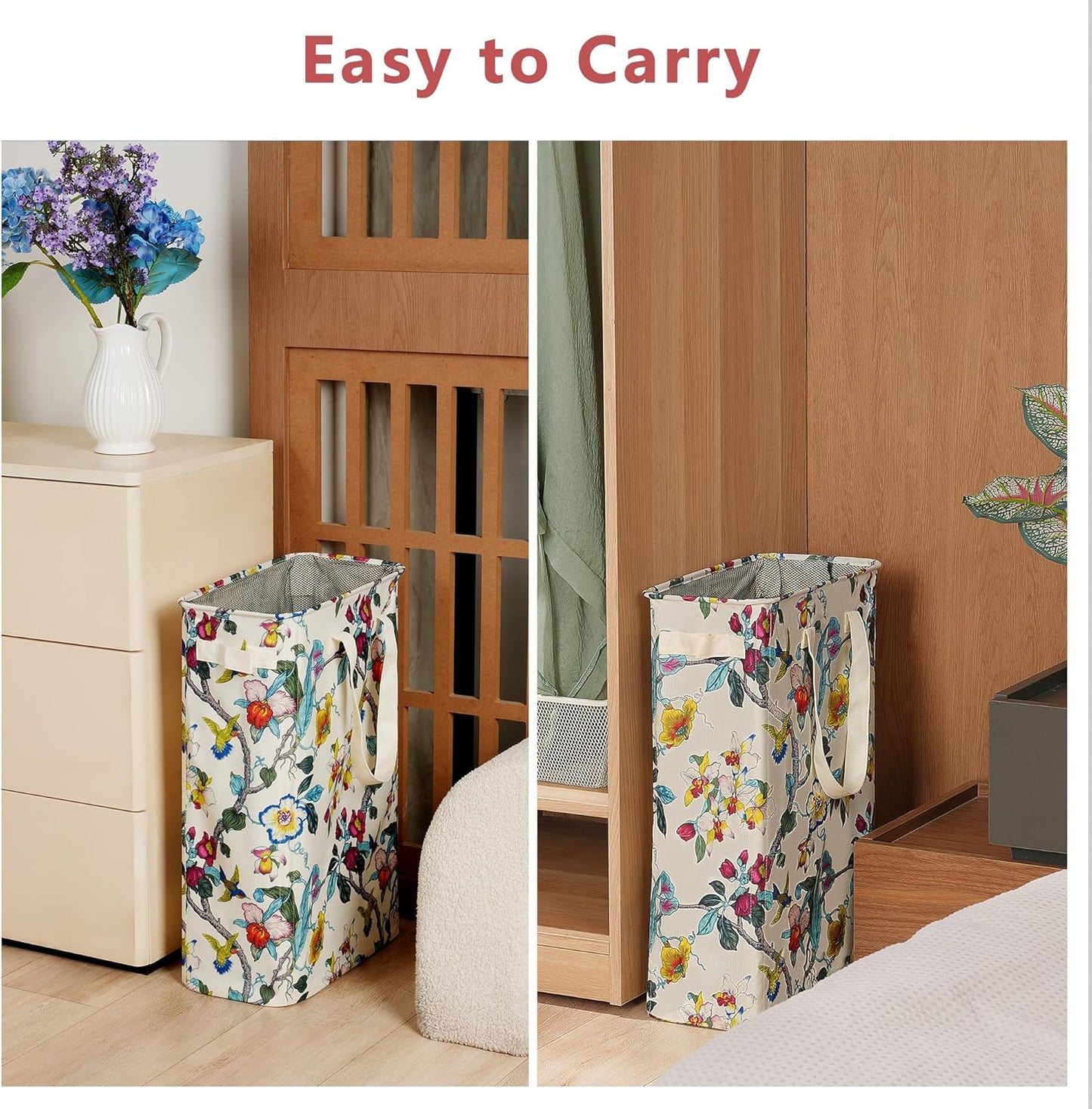efluky Slim Laundry Basket, Narrow Laundry Hamper with Handles, Collapsible Dirty Clothes Hamper, Tall Laundry Bin for Laundry Room, Dorm and Bedroom, 48L (12.7 Gallon) Floral