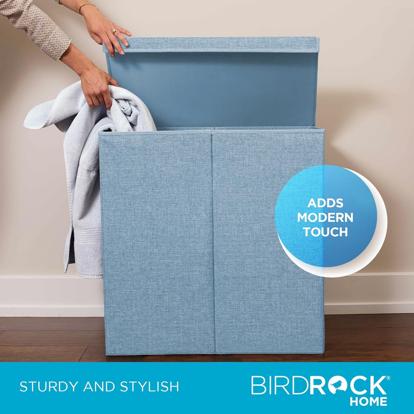 BIRDROCK HOME Laundry Hamper with Lid | Removable Bags for Sorting Clothes | Sectioned Laundry Basket for Bedroom & Bathroom | Collapsible Storage Bin with Cover | Double, Light Blue