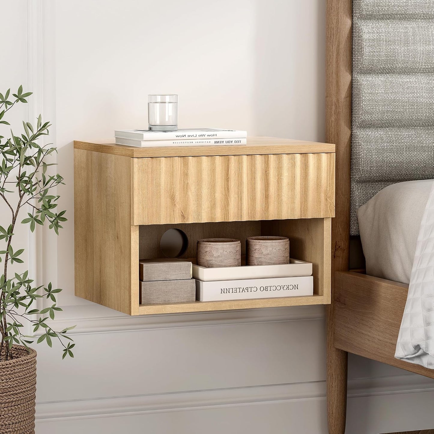 Floating Nightstand with Drawer and Open Shelf, Small Wall Mounted Bedside End Table, Modern Fluted Night Stand for Bedroom, Living Room, Natural Oak