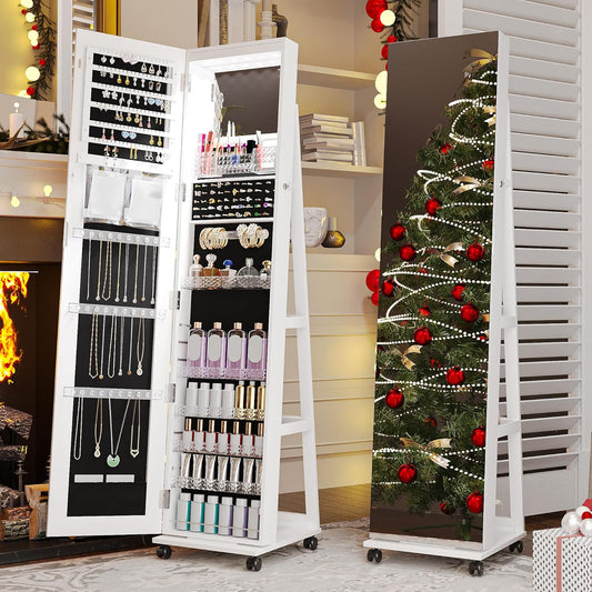 HNEBC 360° Swivel Mirrored Jewelry Armoire with 6 LEDS, Full Length Mirror with Jewelry Storage, Lockable Floor Standing Mirror with 4 Lockable Wheels for Cloakroom, Bedroom(White)
