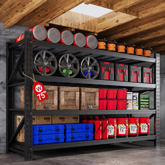 75”W Heavy Duty Metal Storage Shelves, 9000LBS Metal Garage Shelving Units, 24”Deep Rack Shelf, 4 Tier Steel Industrial Shelving , Adjustable Standing Shelf for Warehouse/Basement 75"W x 24"D x 70"H