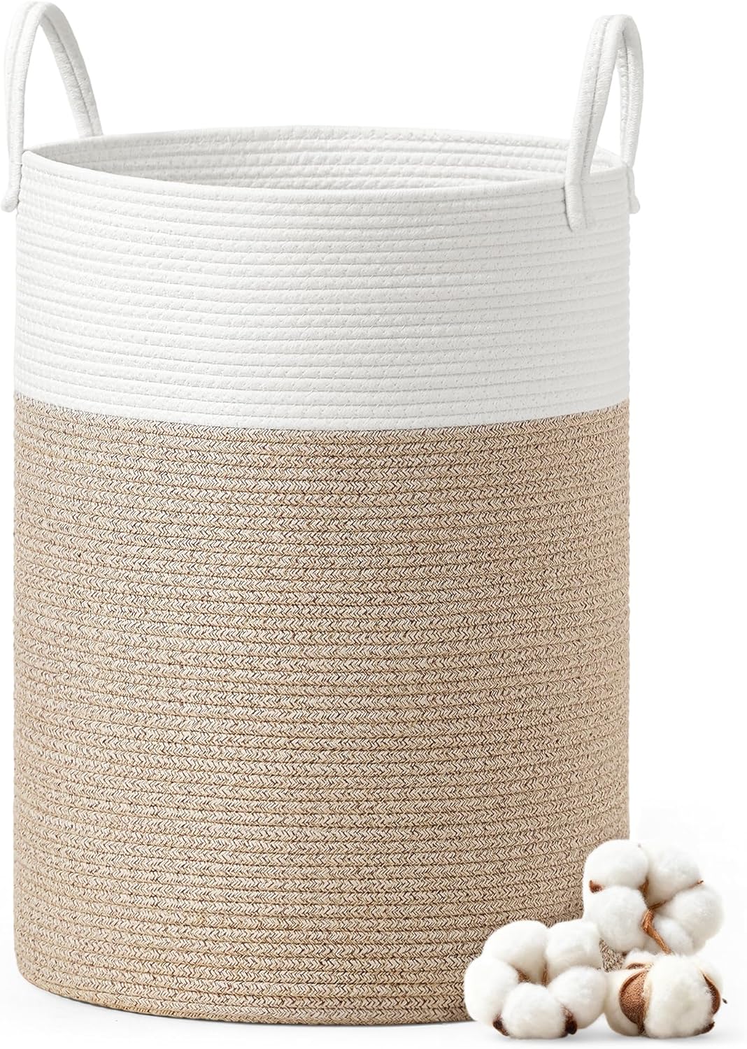 SONGMICS Laundry Hamper, Cotton Rope Laundry Basket with Handles, for Children, Toys, Clothing, Living Room, Bedroom, 21.1 Gallons, 15.7 x 15.7 x 23.6 Inches, White and Grayish Brown URLH062LZ01