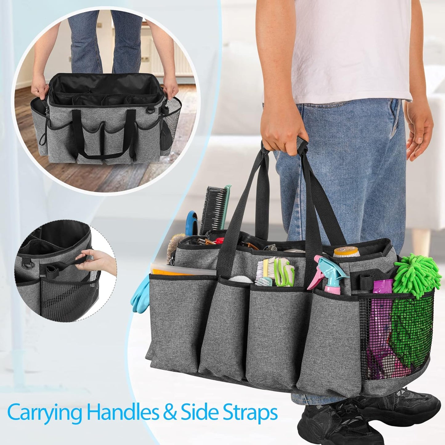 Extra-Large Cleaning Caddy, Organizer with Handles for Cleaning Tools & Products Storage, Large Capacity Tote Bag for Car, Home & Housekeeping Work, Gray
