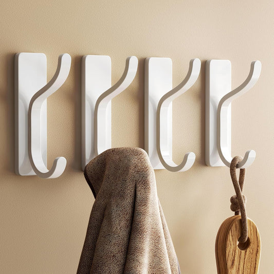 pickpiff Adhesive Wall Hooks for Hanging Towels - Heavy Duty Stick On Hooks, Strong Hold up to 13 lbs, Damage-Free Hangers for Coats, Bags, Purses, Ideal for Door, Closet, or Bathroom, White, 4 Pack