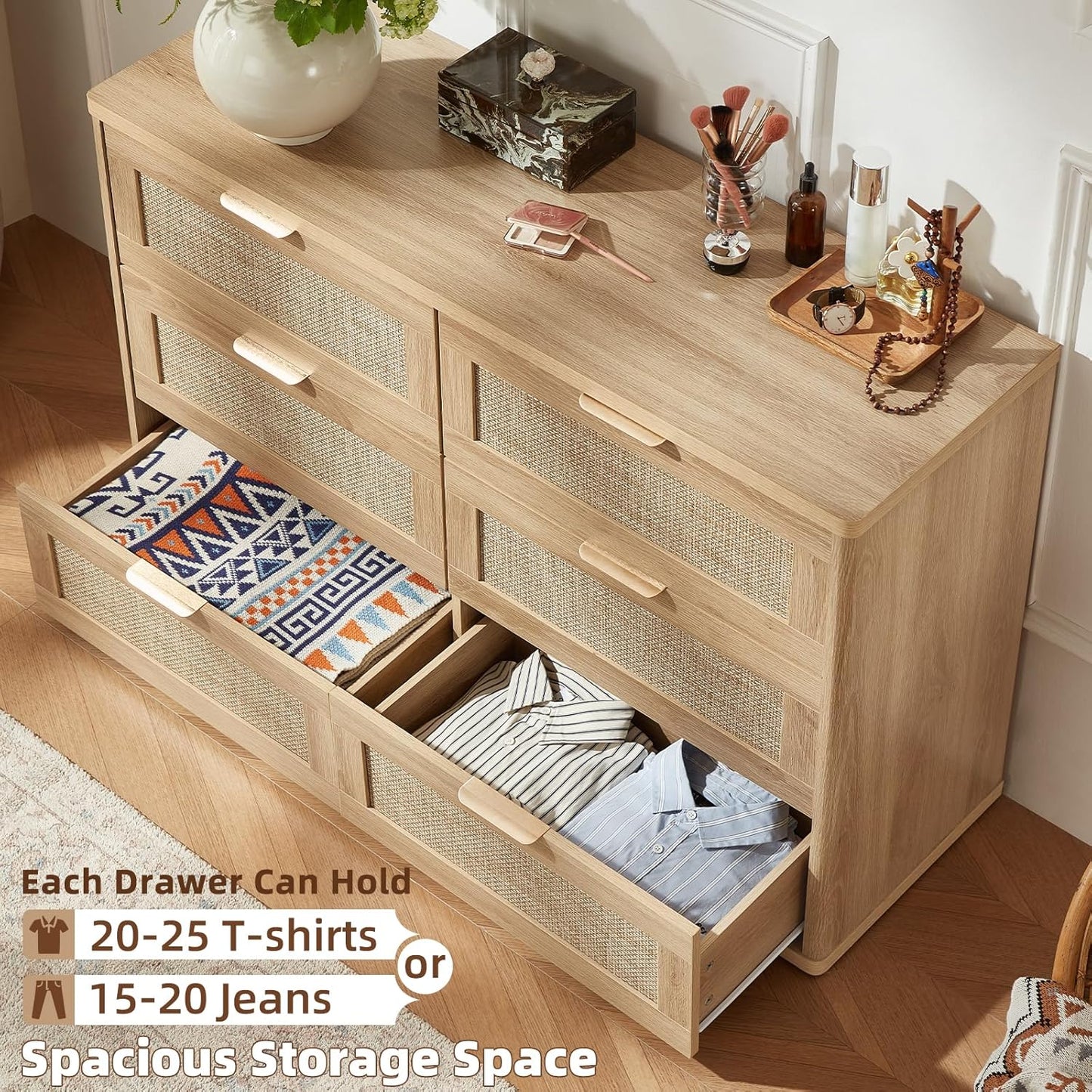 LEYAOYAO Rattan 6 Drawer Dresser for Bedroom, Boho 48" Wide Natural Wood Dresser Chest of Drawers, Dressers TV Stand with Metal Handle, Storage Dressers Closet Organizer for Living Room, Hallway