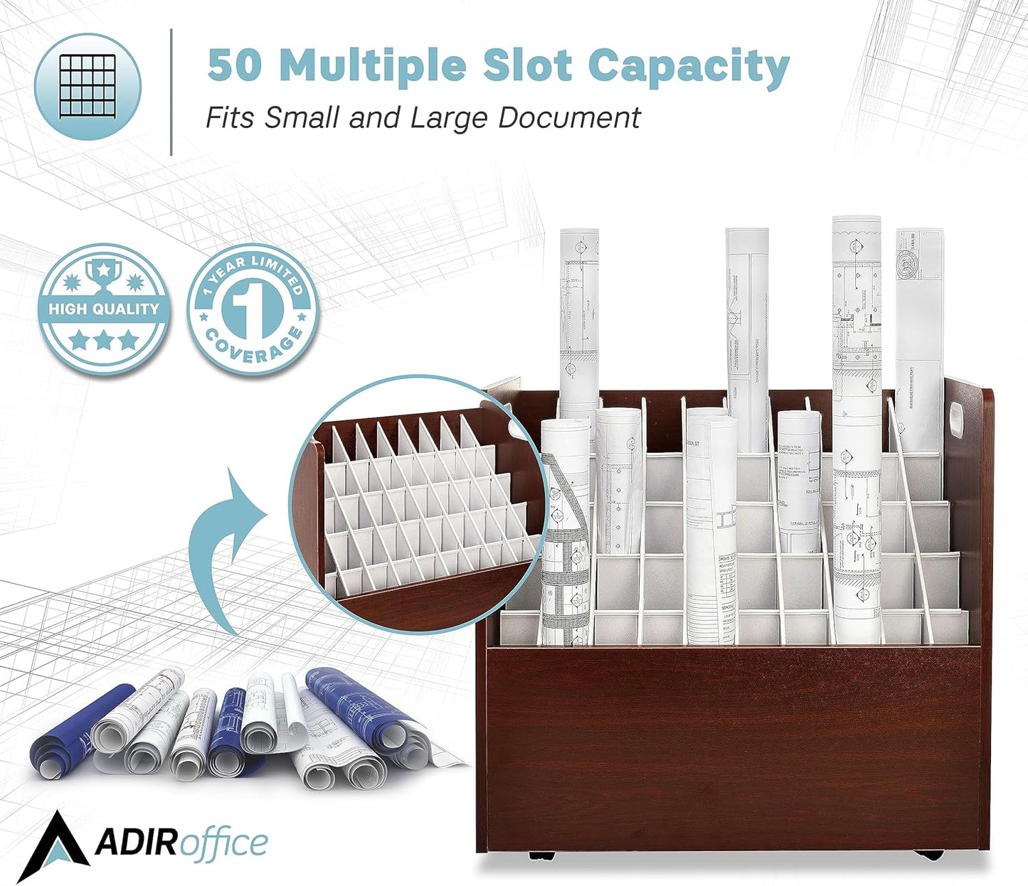 Adir Blue Print Storage Organizer - Mobile Roll File Cart, Construction Plan Holders, Blueprint Cabinet with Wheels, Roll Files Storage for Office and Home (50 Slots, Mahogany)