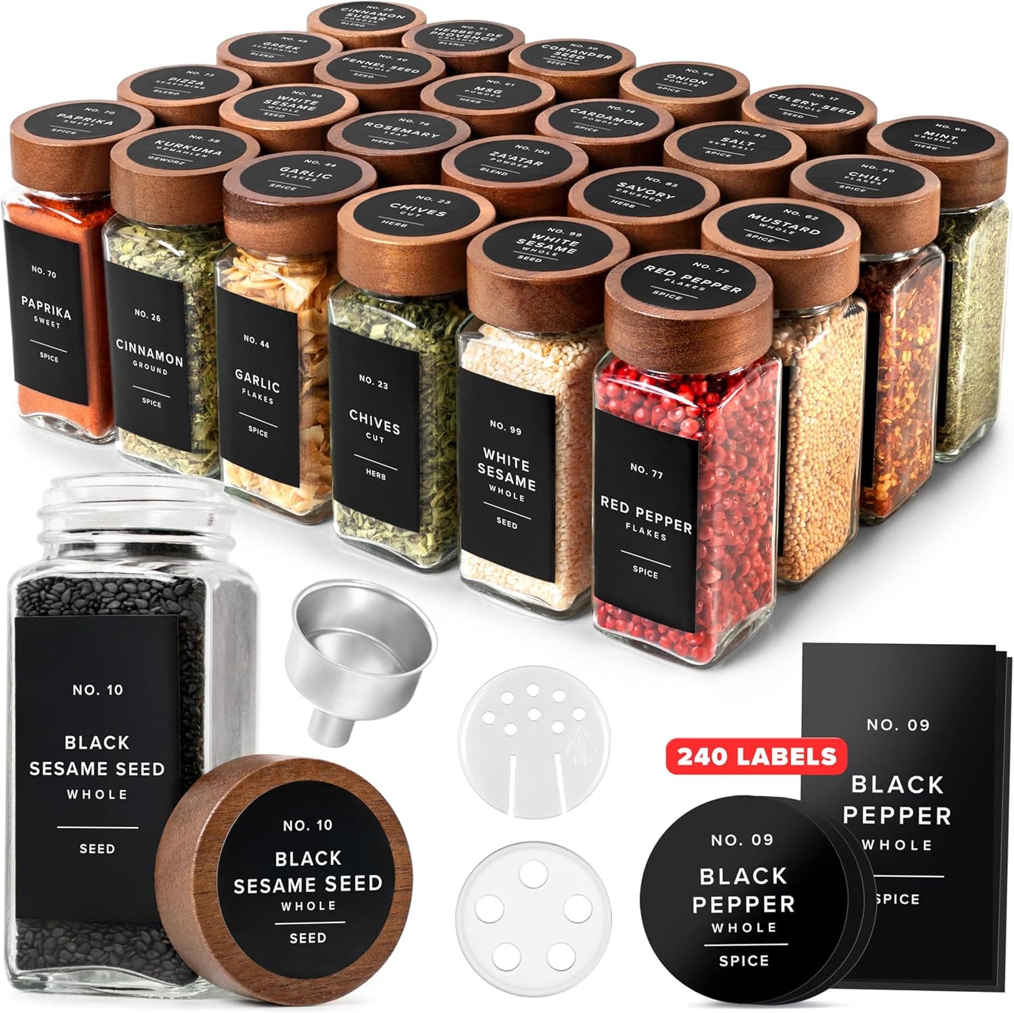 EDELHAUS® Square Spice Jars with Acacia Wooden Lid (Pack of 24) Spice Jars with Shaker Insert and 240 Labels - Acacia Lid Glass Container for Spice Organisation [4.3 in × 1.8 in]