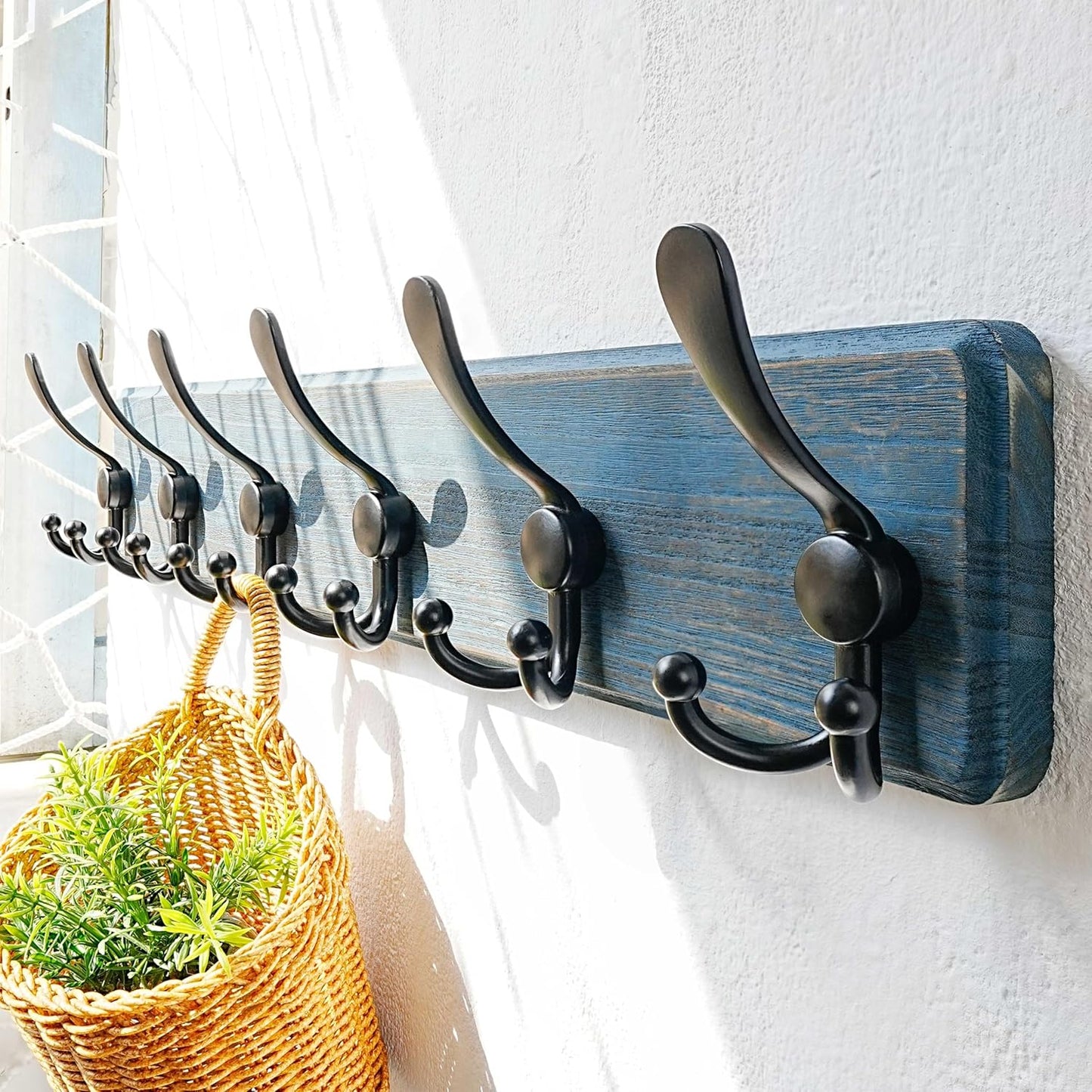 Dseap Coat Rack Wall Mounted - 24" Long 6 Tri Hooks, Heavy Duty Wooden Wall Coat Hanger Coat Hook for Clothes Hat Jacket Clothing, Weathered Blue and Black