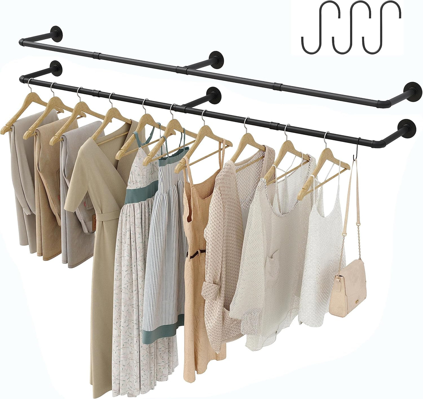 Industrial Pipe Clothes Rack with 3 S-shaped Hooks, 72’'L Wall Mounted Garment Rack, Heavy Duty Iron Garment Bar, Clothes Hanging Rod Bar for Laundry Room, Max Load 135Lb Black (2 Package)
