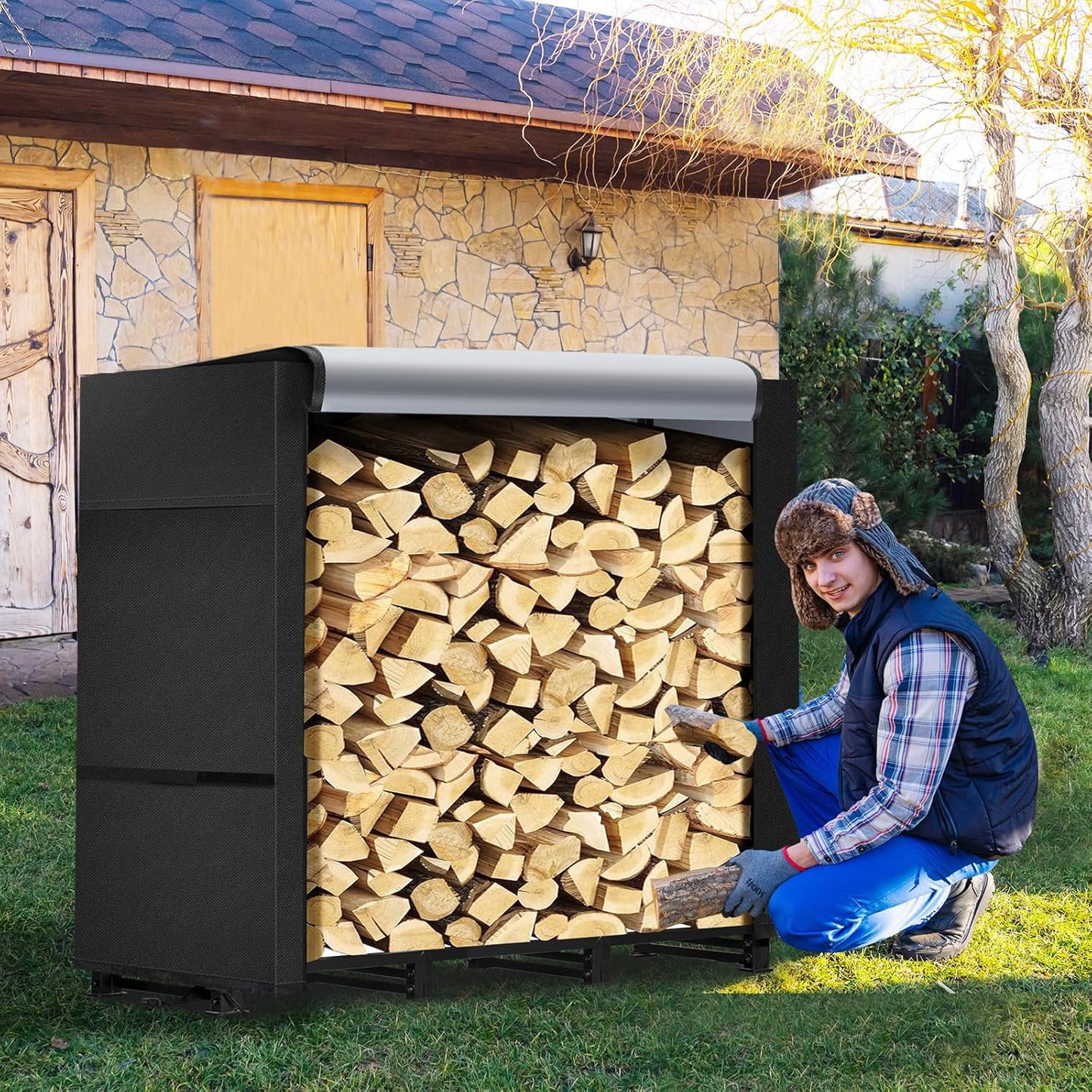 4ft Firewood Rack Outdoor with Waterproof Widened Cover, Heavy Duty Firewood Holder includes Carrier Bag, Powder-coated Wood Rack with Hooks, Firewood Storage Rack for Fireplace Deck Patio