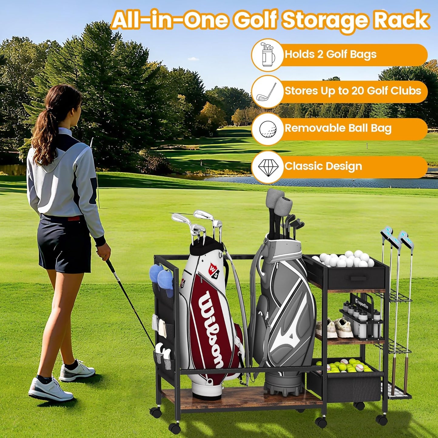 Golf Bag Storage Organizer for Garage, Golf Organizer with Extra Golf Rack and Side Fabric Bag for 20 Golf Clubs & Golf Essentials, Golf Bag Stand for Golf Bag Accessories, Ideal Golf Gifts for Men