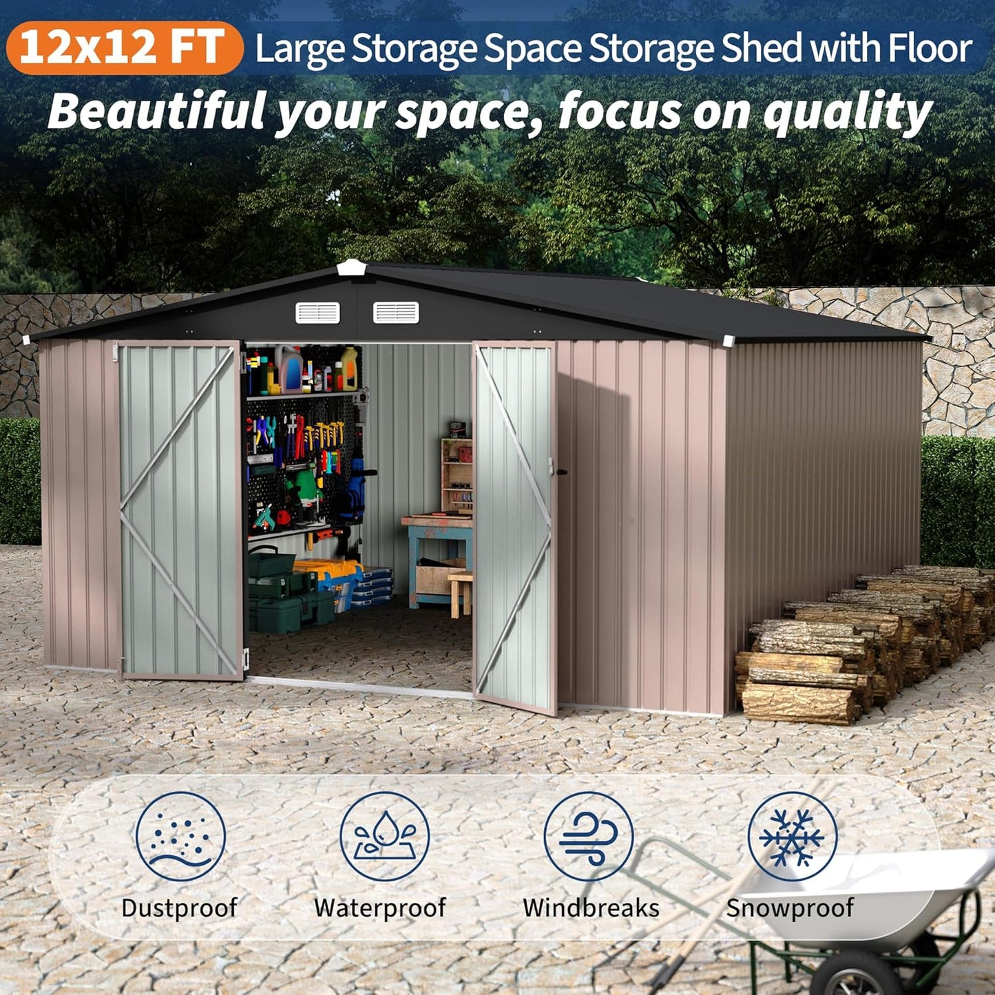 12x12 FT Metal Storage Sheds Outdoor, Metal ToolShed with Lockable Door, Metals Yard Sheds Metals Garden Shed Kit, MetalUtility Sheds Buildings with Air Vent for Backyard Garden Patio Lawn