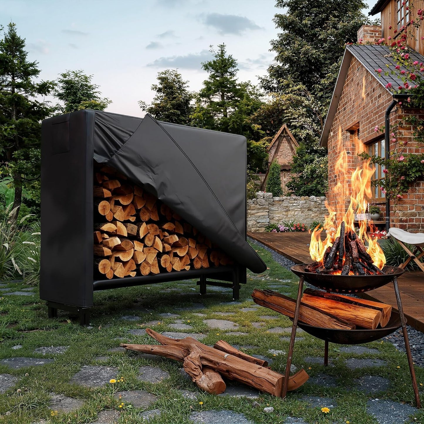 4FT Firewood Rack with Cover, Holders Firewood Outdoor Log Rack with Zipper, 4FT Heavy Duty Indoor Firewoods Storage Log Racks, Black Waterproof Oxford Fabric