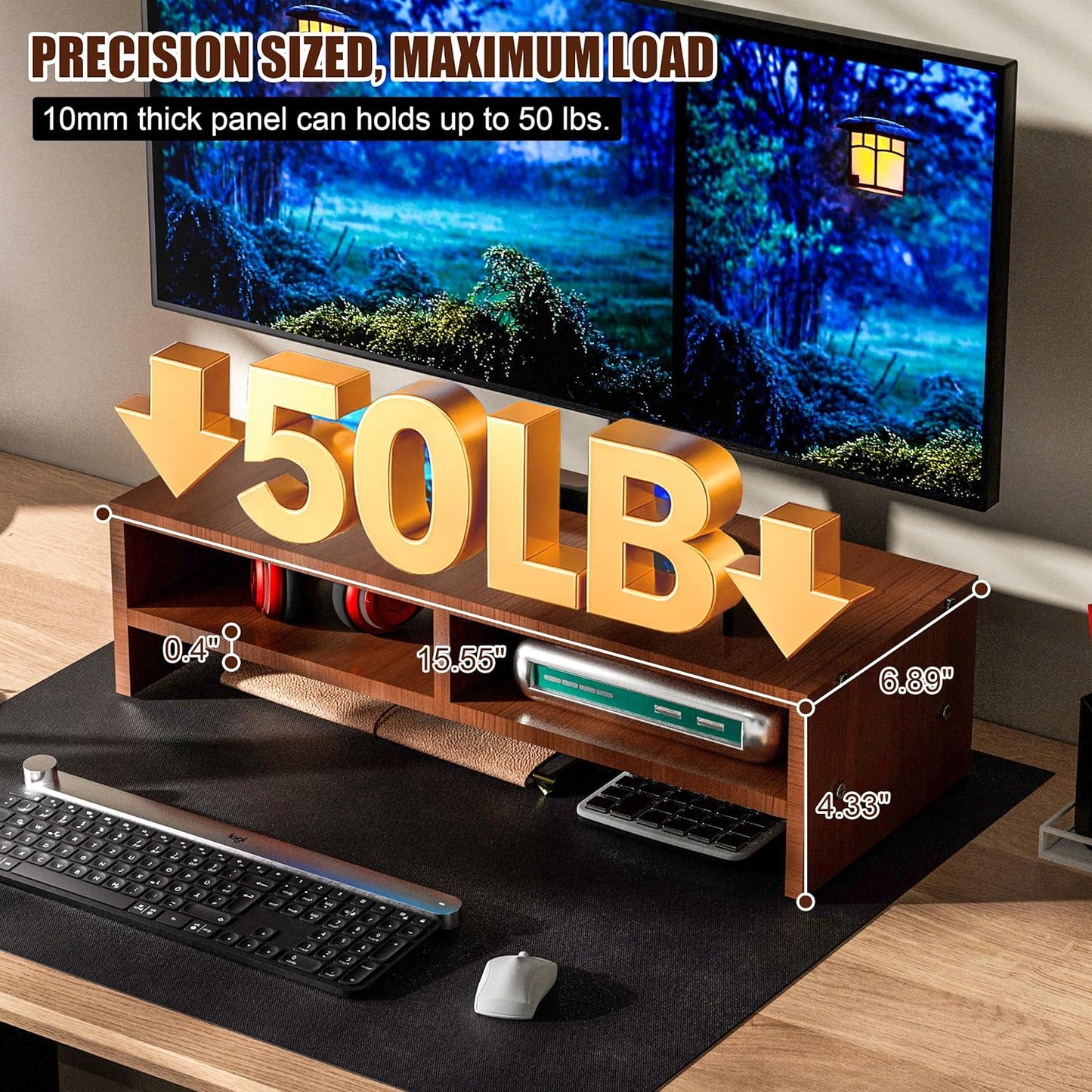 Monitor Stand Riser with Storage, 2 Tier Desk Organizer & Desktop Wood Shelf, Ergonomic Computer Stand for Laptop, PC & Printer, 16" Small TV Riser with 50 lbs Weight Capacity, Walnut Brown