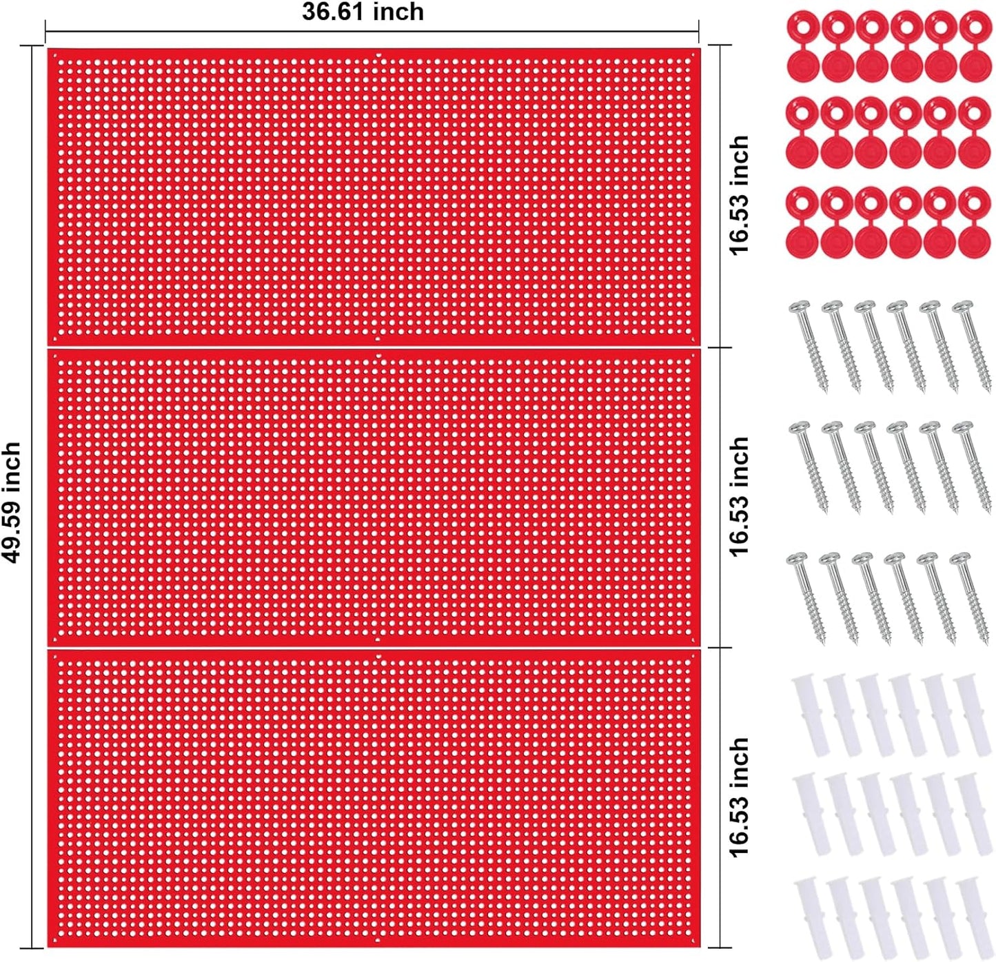 Pegboard Rack Garage Storage Steel Horizontal PegBoard Pack,Steel Pegboard Heavy Duty- 3 Pack 16-Inch X 36-Inch Metal Peg Board Tool Organization Panels (Red)