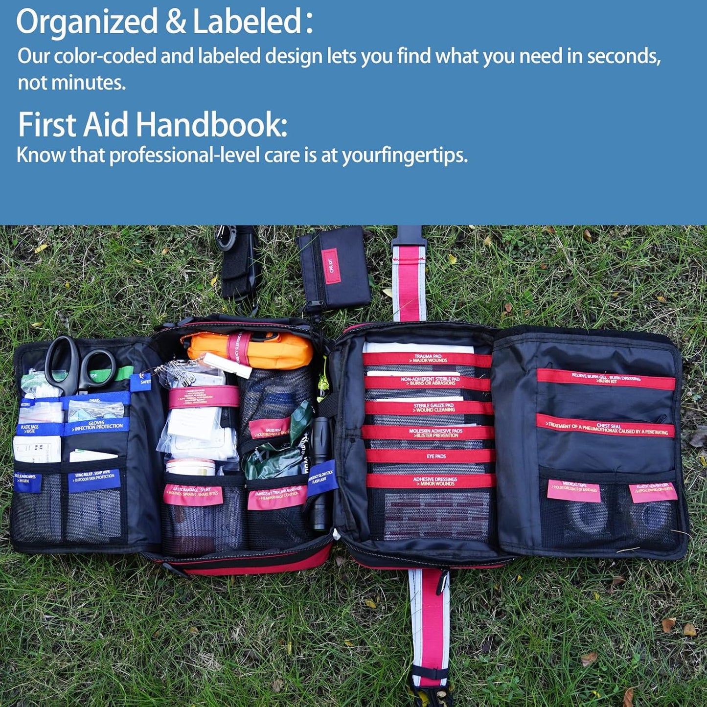 401 Piece First Aid Kit with Chest Seals -Labeled, Expandable & Mountable, Emergency Medical Kit for Home, Car, Camping & Outdoor, Waterproof Trauma Kits with Labeled Compartments
