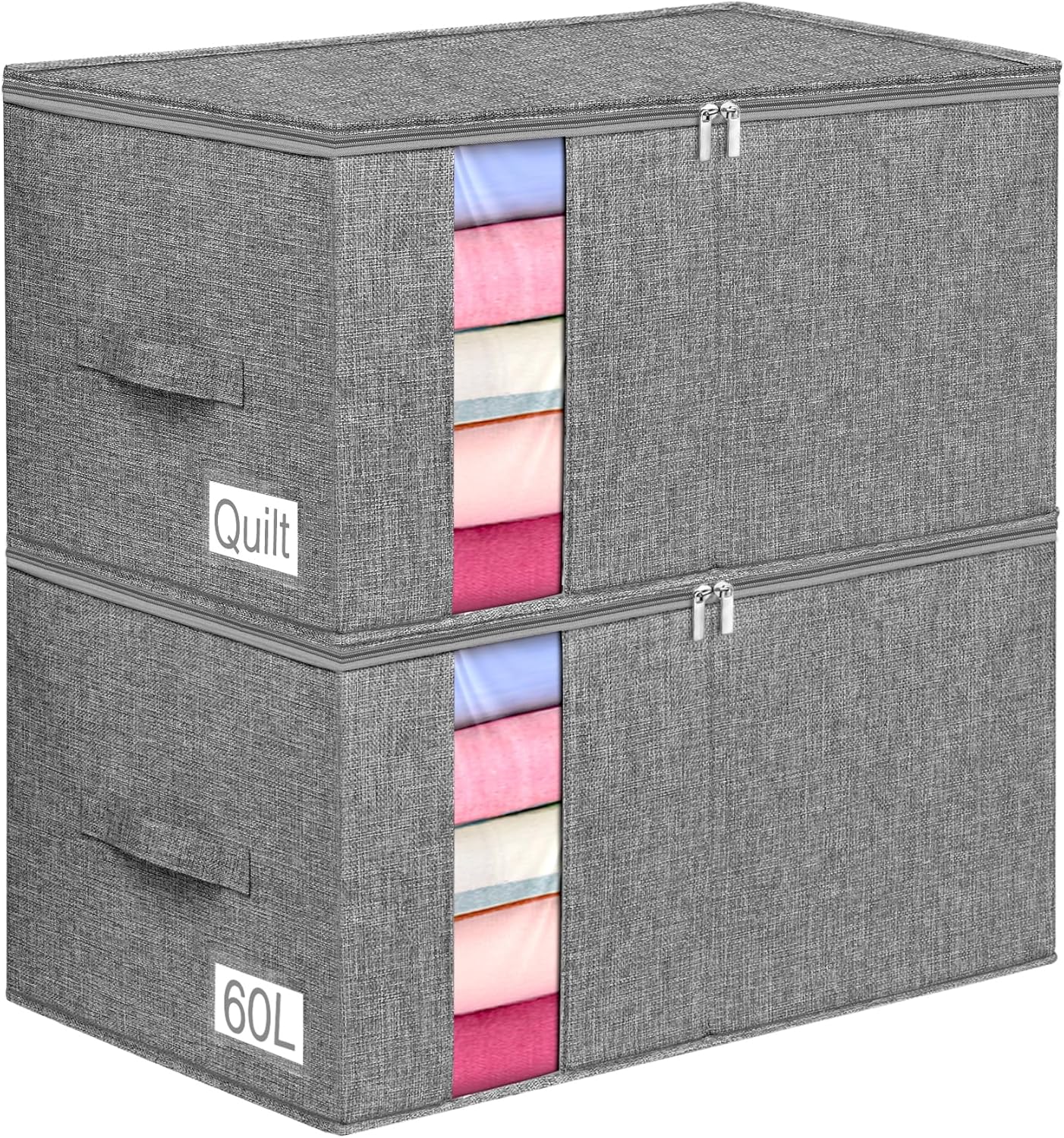 60L Blanket Storage, Comforter Storage Bag With Rigid Side & Bottom Support, Stackable Clothes Storage Bin For King Size Comforters Sweater Bedding Quilt Pillow Closet Organizer,21.7x14.2x11.8in,2Pcs
