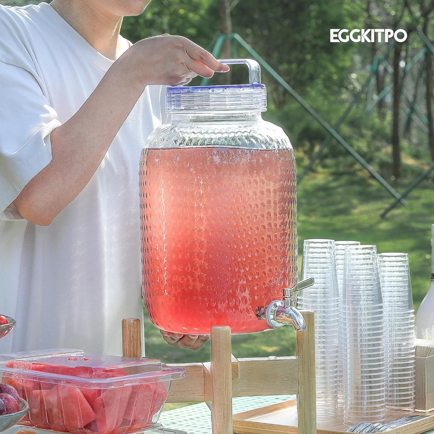 EGGKITPO 2.2 Gallon Drink Dispensers with 304 Stainless Steel Spigot for Parties Lemonade Dispenser with Wood Bracket Clear Cover Polycarbonate Beverage Dispenser for Home Use and Laundry Room