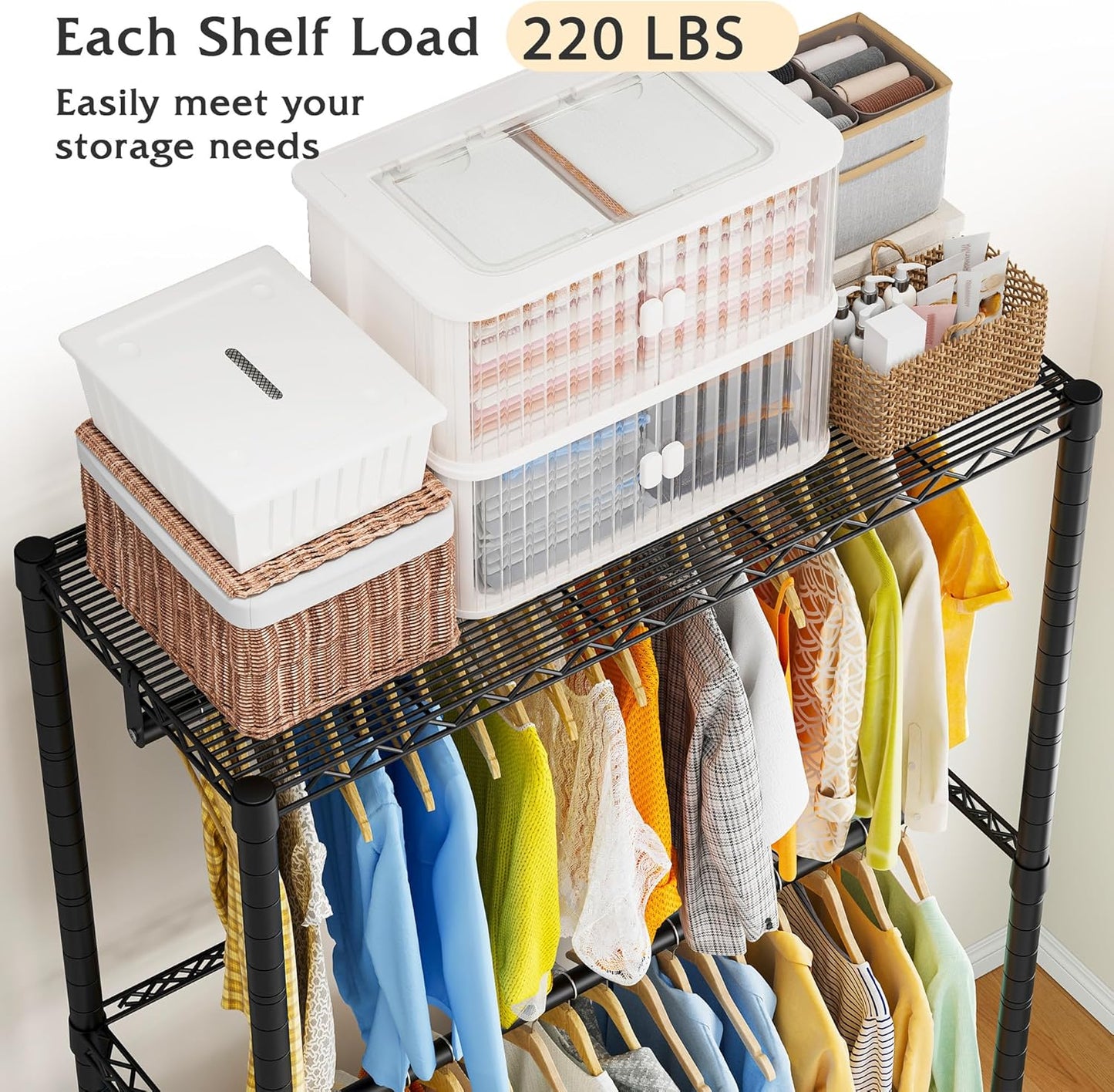 Raybee Clothing Rack with Wheels,Clothes Rack for Hanging Clothes,Portable Closet,2 Shelves,Black