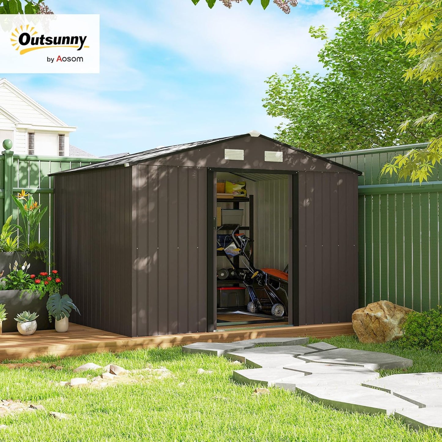Outsunny 9' x 6' Outdoor Storage Shed, Garden Tool Metal Shed with Foundation Kit, Double Lockable Door, Air Vents and Sloping Roof, for Backyard, Patio, Lawn, Brown
